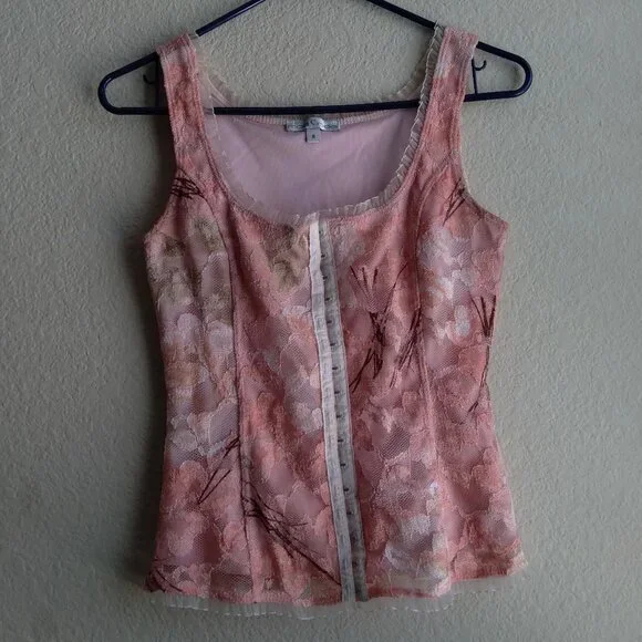 Vintage Y2K Moa Moa Pink Floral Tank Top with Ruffle Trim - Picture 1 of 4